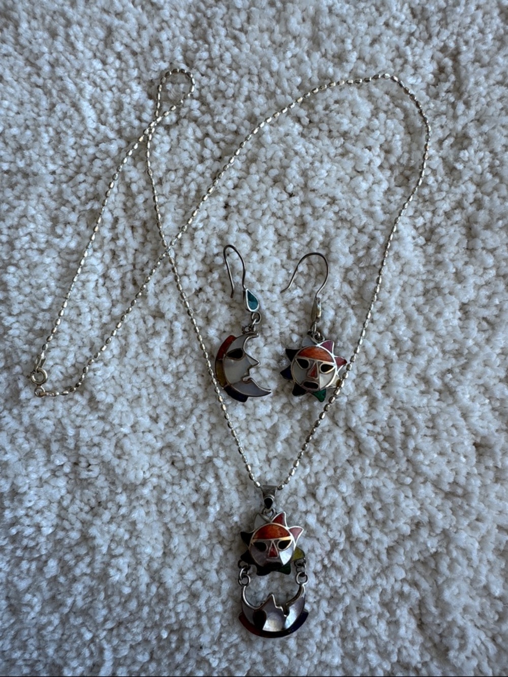 Handcrafted Sterling Multicolor Sun & Moon Necklace and Earrings Set